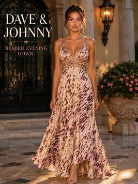 VTG Y2K Dave & Johnny Junior 7/8P Beaded Maxi Dress Pink Gold Prom